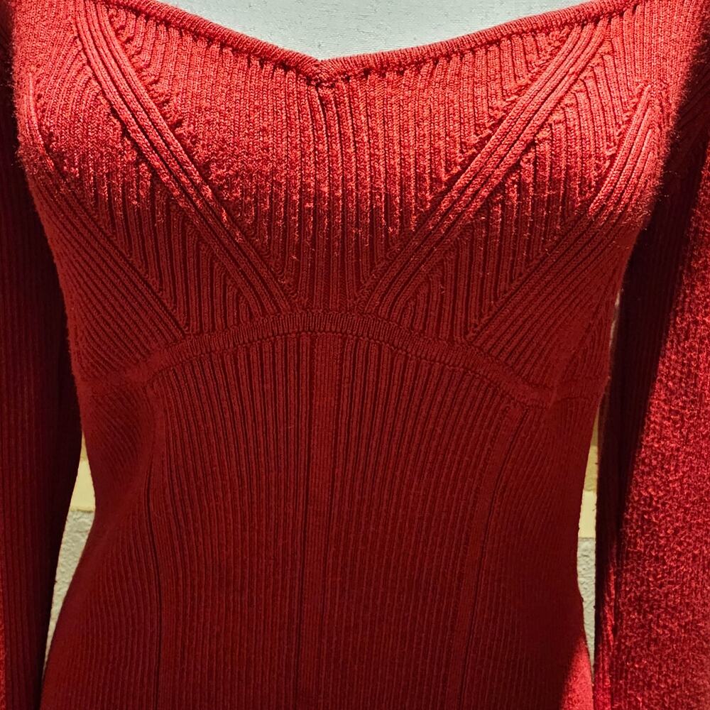 Pink Rose L Coquette Sweetheart Ribbed Top Red Fitted Soft Girl Stretch Sweater - Picture 10 of 11